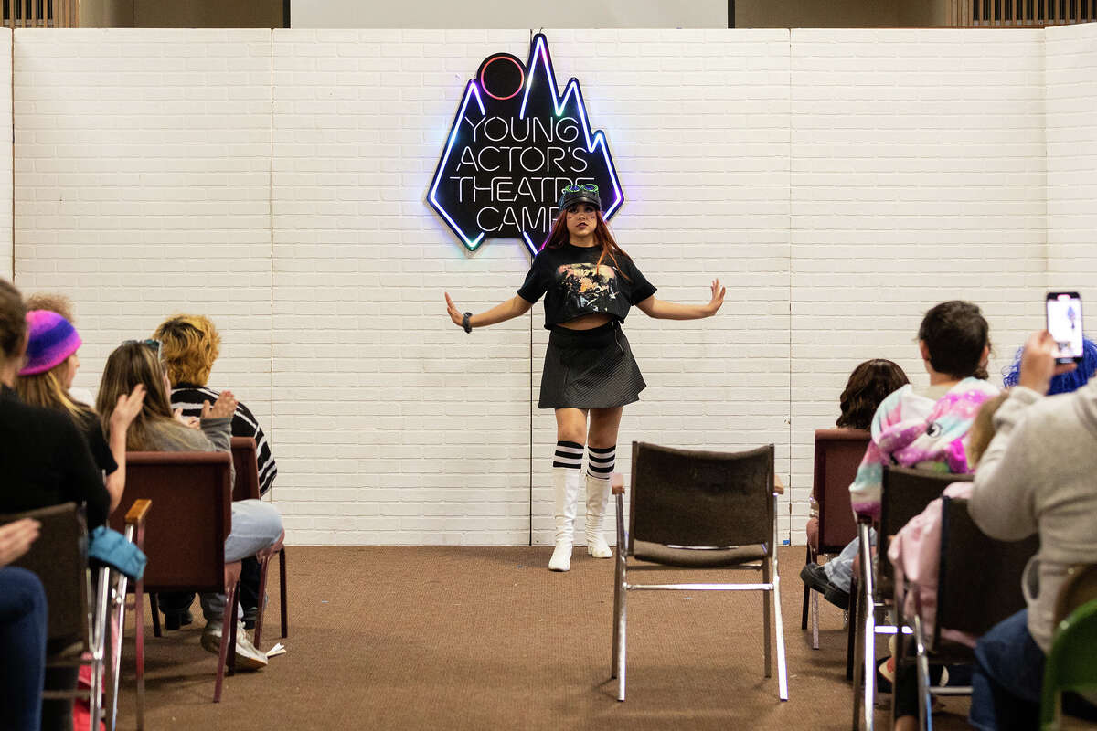 “The Art of Drag” workshop participant Cherry Bomb performs “Confident” by Demi Lovato during the Young Actors’ Theatre Camp showcase in Ben Lomond on April 2, 2023. 