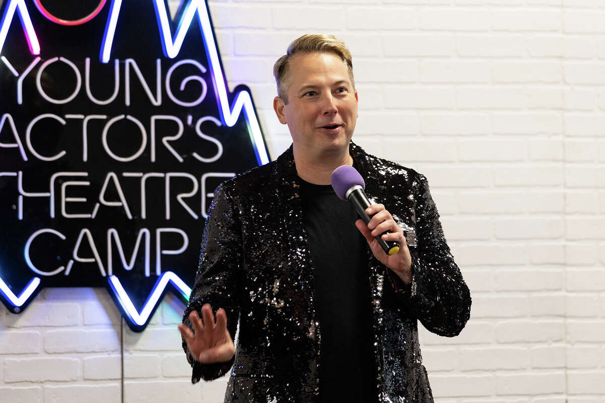 Young Actors’ Theatre Camp co-founding director Shawn Ryan welcomes guests to the showcase at the end of the weekend in Ben Lomond on April 2, 2023. 