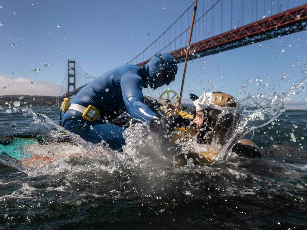 杰森·布朗(左)和世界纪录自由潜水者阿列克谢·莫尔查诺夫庆祝在旧金山湾汹涌的水域成功潜水。
