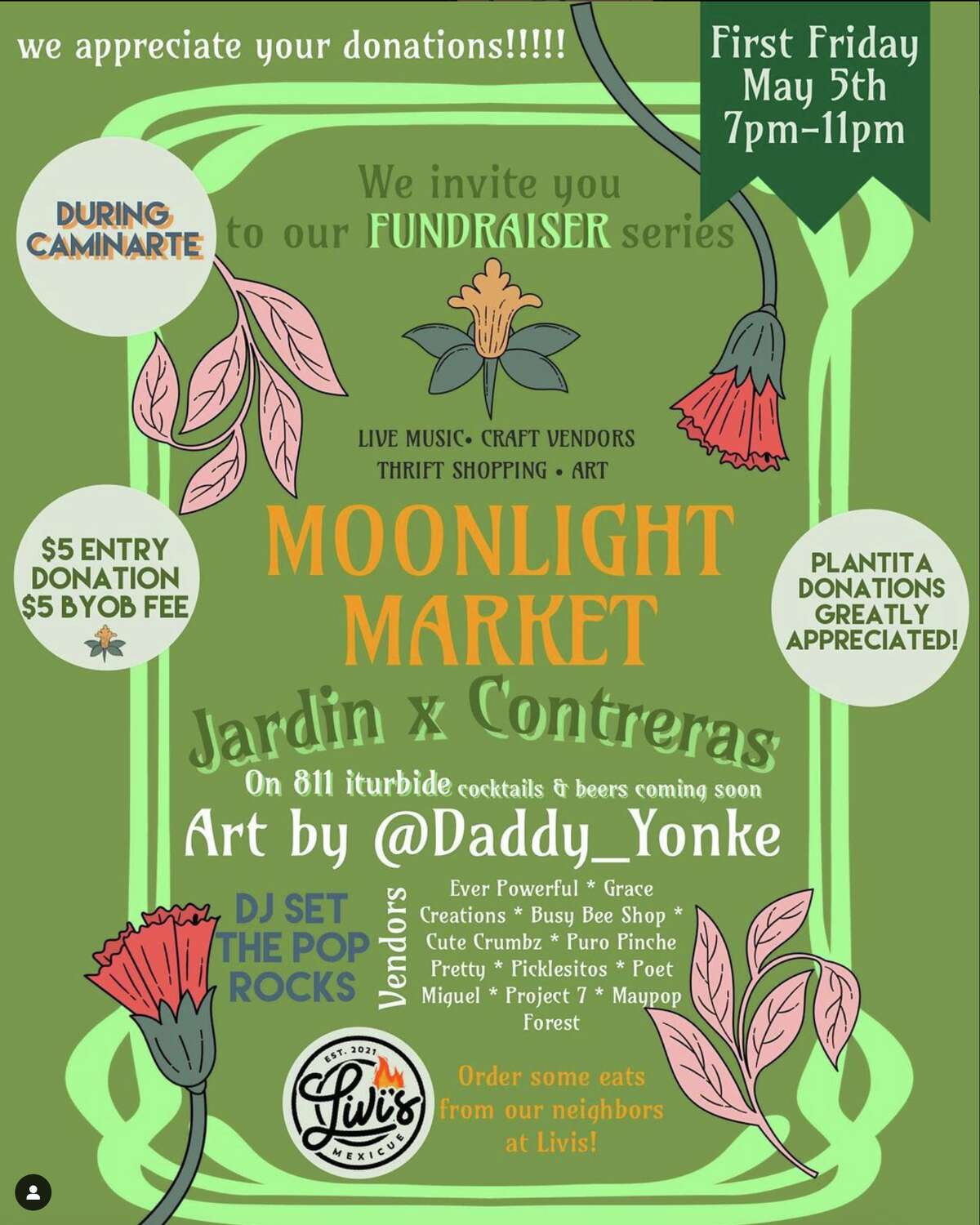 Jardin X Contreras will host a moonlight market, featuring local artists, craft vendors, thrift shopping and live music on May 5.