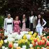 Albany Tulip Queen 2023 finalists; Mariah Carter, 19, left, Victoria Clary, 23, Haleigh Gaston, 22, Olivia Owens, 23, and Jadan Rivera, 22, right, pose for a photo in the tulip beds on Friday, May 5, 2023, during a press conference at Washington Park in Albany, N.Y. Albany Mayor Kathy Sheehan announced the five finalists that will serve the community as the 75th Albany Tulip Court.