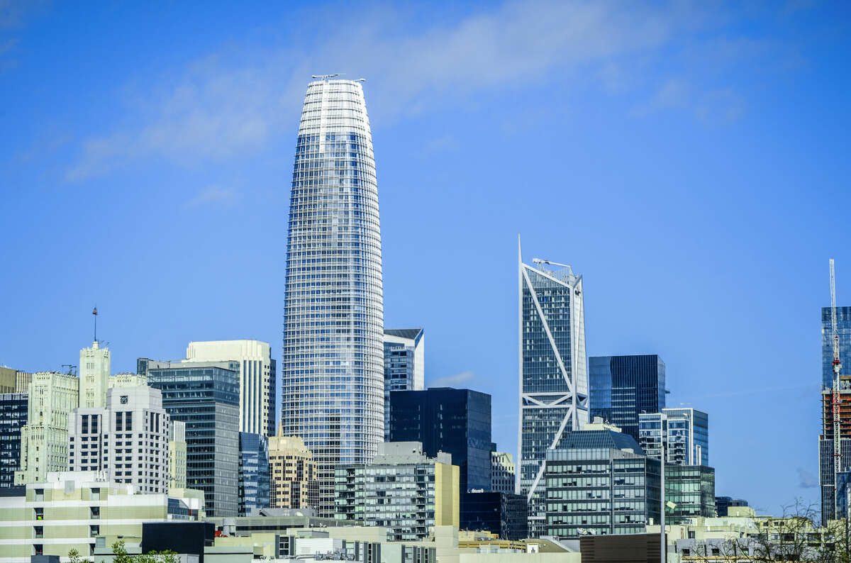 Salesforce Tower looms over San Francisco. The board game crew started playing in the building once a month after Salesforce moved out of the Rincon Center.