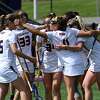 University at Albany women's lacrosse celebrate following a Katie Pascale goal in the America East Tournament semifinal against New Hampshire on Friday, May 5, 2023, at UAlbany in Albany, N.Y.