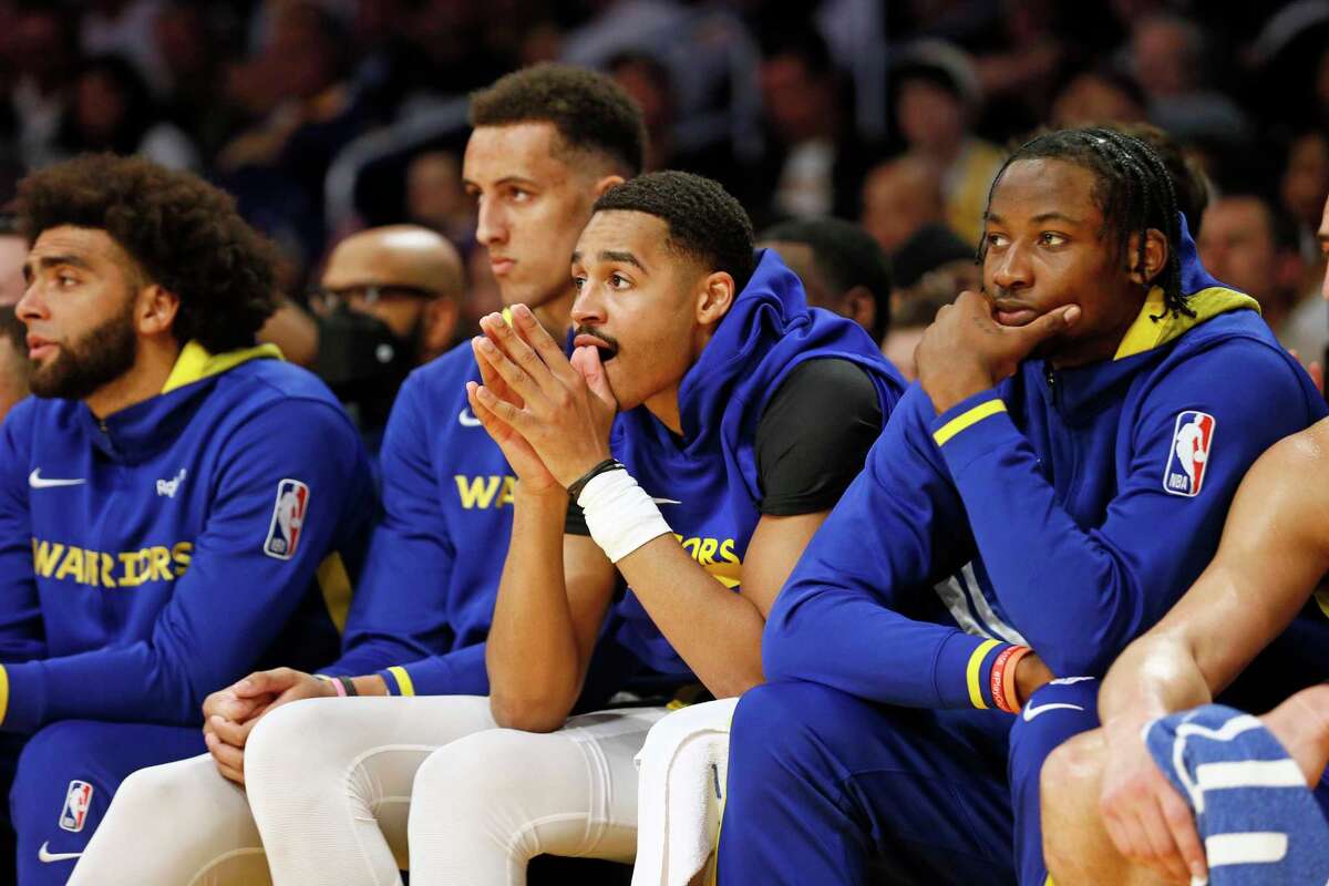 Golden State Warriors guard Jordan Poole (3) on the bench during the second quarter in Game 3 of the NBA Western Conference semifinals against the Los Angeles Lakers in Los Angeles, Calif., Saturday, May 06, 2023.