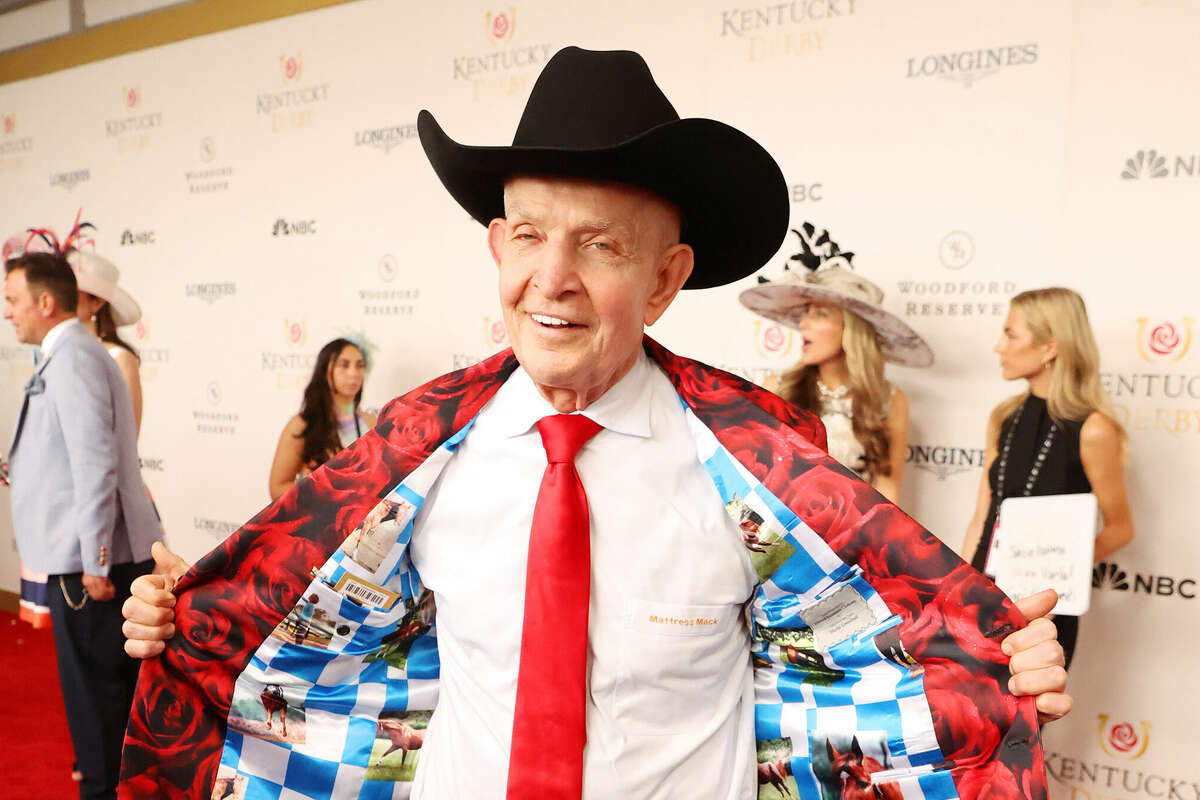 LOUISVILLE, KY - MAY 06: Gambler and businessman Jim McIngvale 'Mattress Mack' shows off his Secretariat jacket as he walks the red carpet at the 149th running of the Kentucky Derby on May 6, 2023, at Churchill Downs in Louisville, Ky. (Photo by Jeff Moreland/Icon Sportswire via Getty Images)