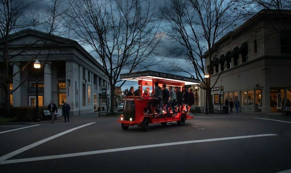 Taking a wine country tour on Bike Healdsburg's distinctive red party bike means you don't have to worry about a designated driver after your wine-tasting — all you'll need to do is laugh and pedal.