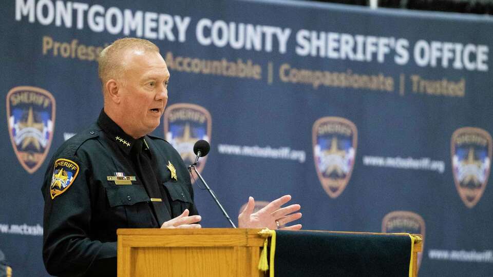 Montgomery County Sheriff Rand Henderson speaks during the department's annual awards and promotion ceremony at the Lone Star Convention & Expo Center, Tuesday, May 9, 2023, in Conroe.