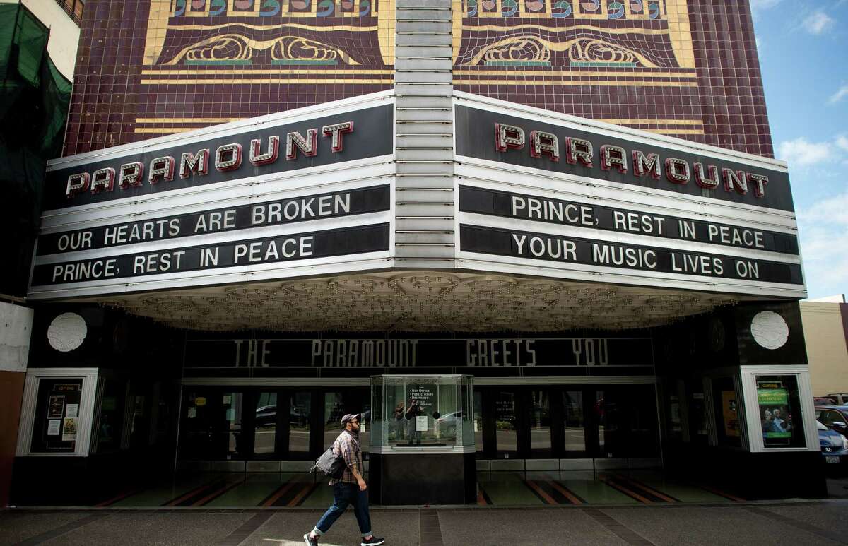The Paramount Theatre’s marquee mourned Prince’s death on April 21, 2016.