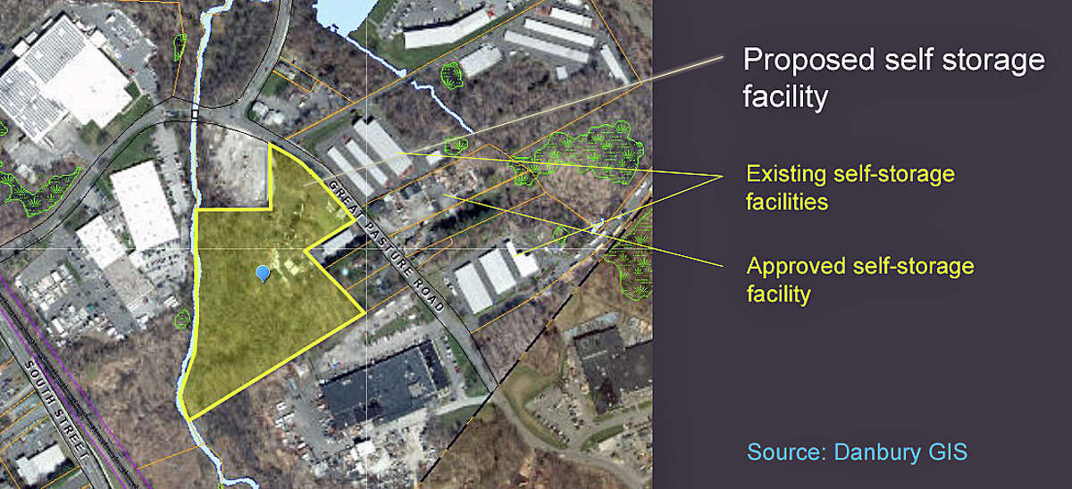 The site of a proposed self-storage facility on Danbury's Great Pasture Road (outlined in yellow), where two such facilities are already operating and a third has been approved.