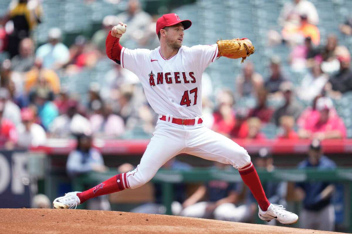 Los Angeles Angels starting pitcher Griffin Canning (47) throws during the first inning of a baseball game against the Houston Astros in Anaheim, Calif., Wednesday, May 10, 2023.