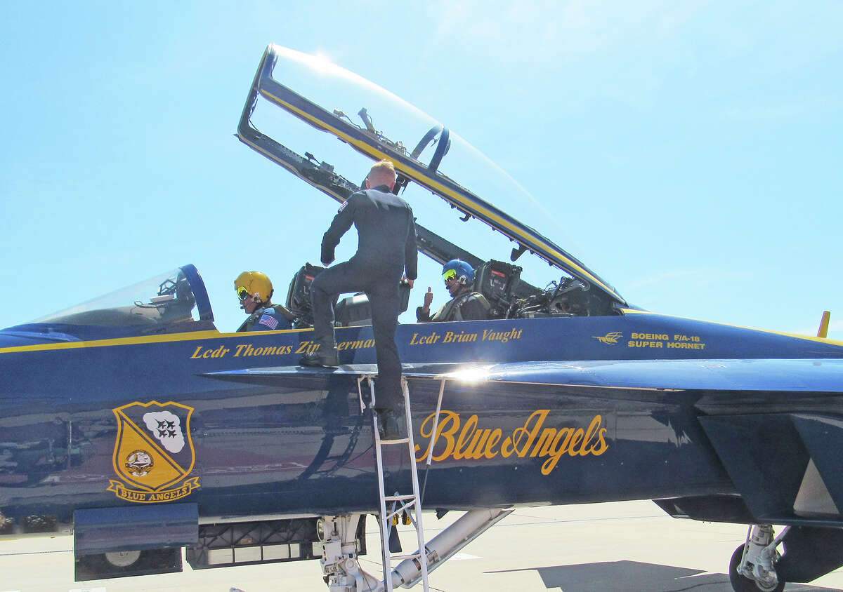 Collinsville principal Daniel Toberman flies with the Blue Angels