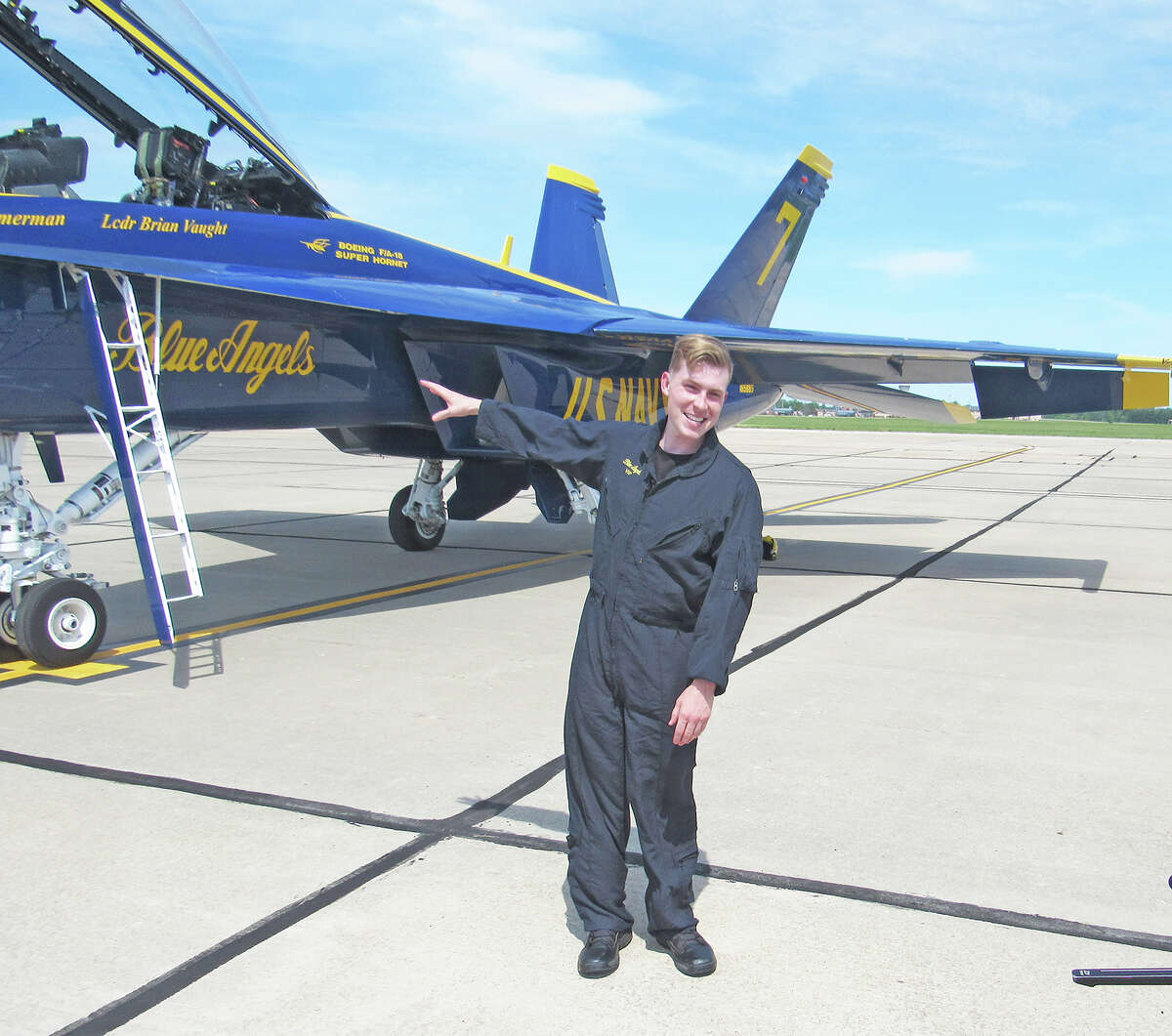 Collinsville principal Daniel Toberman flies with the Blue Angels