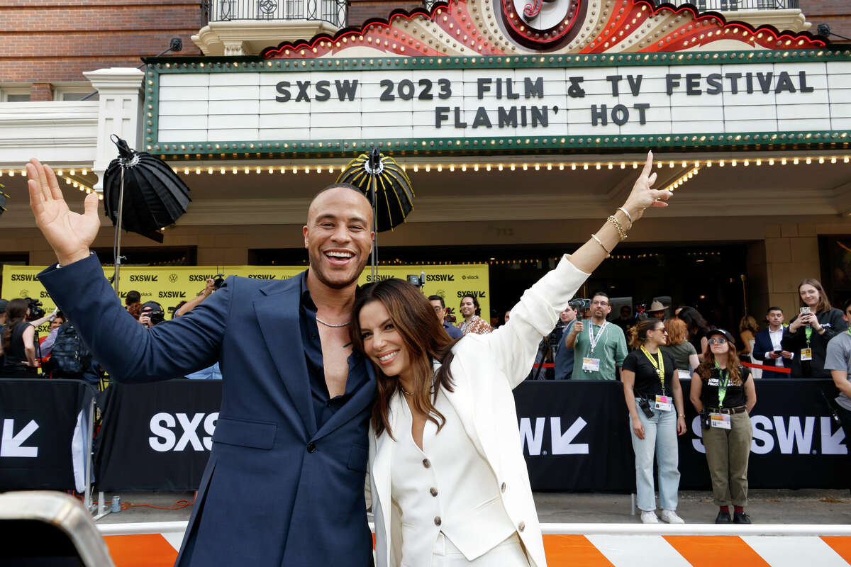DeVon Franklin and Eva Longoria attend the "Flamin' Hot" screening during the 2023 SXSW Conference and Festivals at The Paramount Theater on March 11, 2023 in Austin, Texas. 