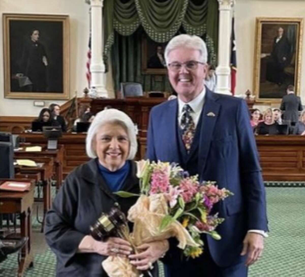 Texas State Sen. Judith Zaffitini receives a personalized gavel from Lt. Gov. Dan Patrick, commemorating her 70,000th consecutive vote in the Texas Senate. She is the second-highest ranking member and the highest ranking female and Hispanic member of the Texas Senate.