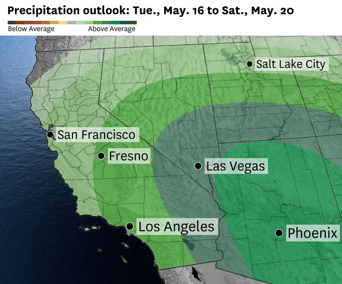 气候预测中心对加州、内华达州、犹他州和亚利桑那州6至10天的降水概率进行了展望，其中亚利桑那州的降水概率将高于平均水平——类似于季风的设置。