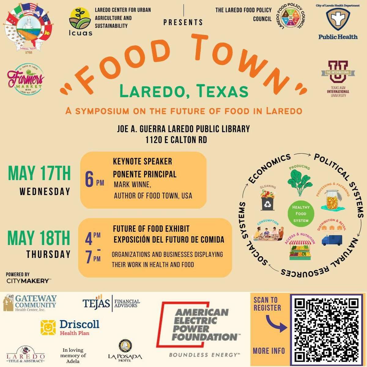 This flyer shows the event information for the "Food Town" symposium on the future of food in Laredo. 