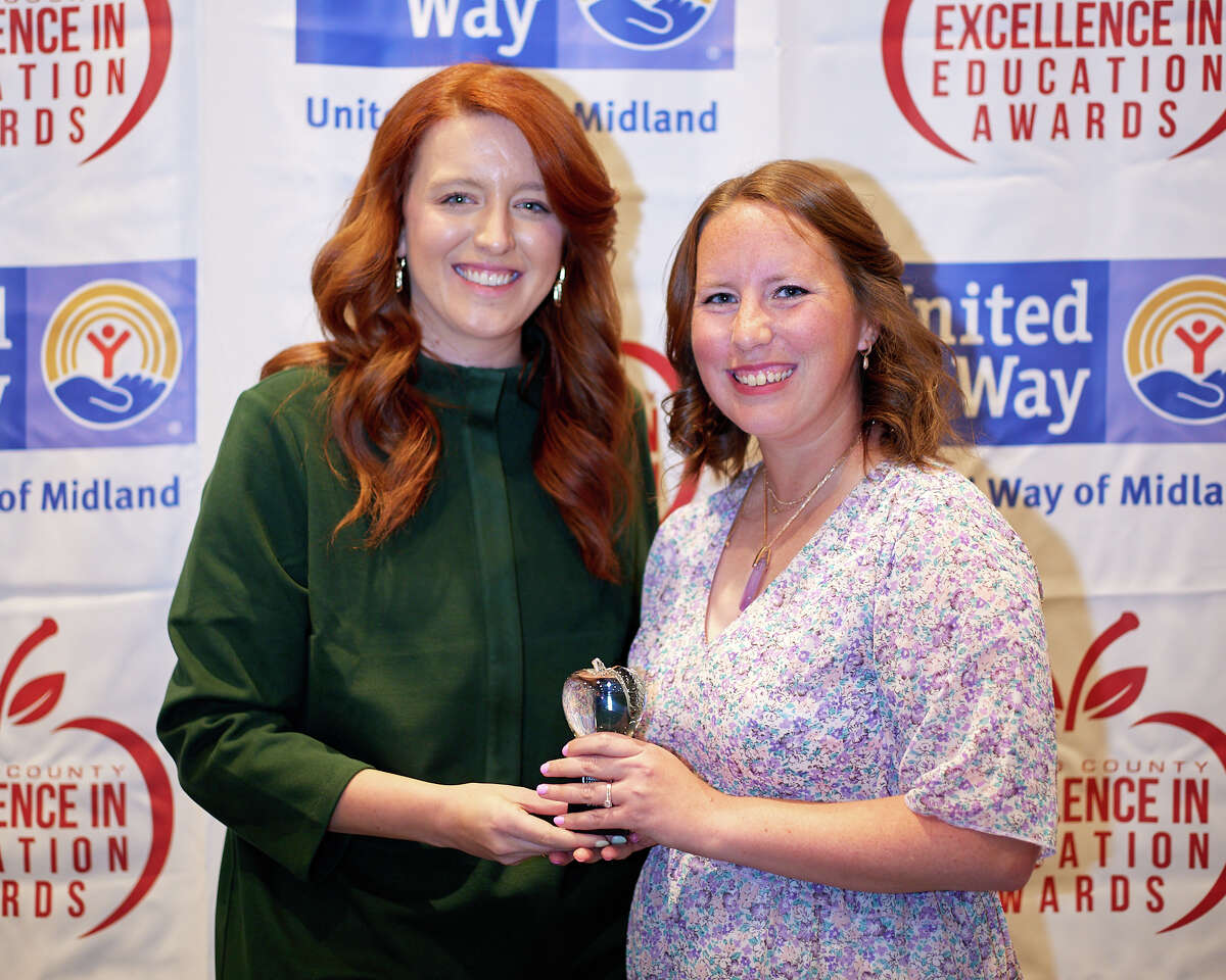Santa Rita Elementary teacher Samantha Stahl, right, won the Excellence in Education award for Elementary Teacher of the Year during a ceremony at the Bush Convention Center on Thursday, April 27, 2023. At left is Emily Holeva, United Way of Midland board member. CESAR PADILLA/MIDLAND ISD