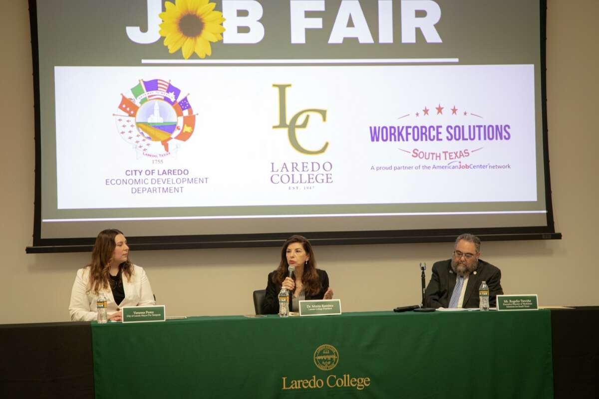 Vanessa Perez, Mayor Pro-Tempore of City of Laredo, Minita Ramirez, President of Laredo College and Rogelio Trevino, Executive Director of Workforce Solutions for South Texas, during a press conference announcing the coming Spring Job Fair to be held on Thursday, May 18 at Laredo College.