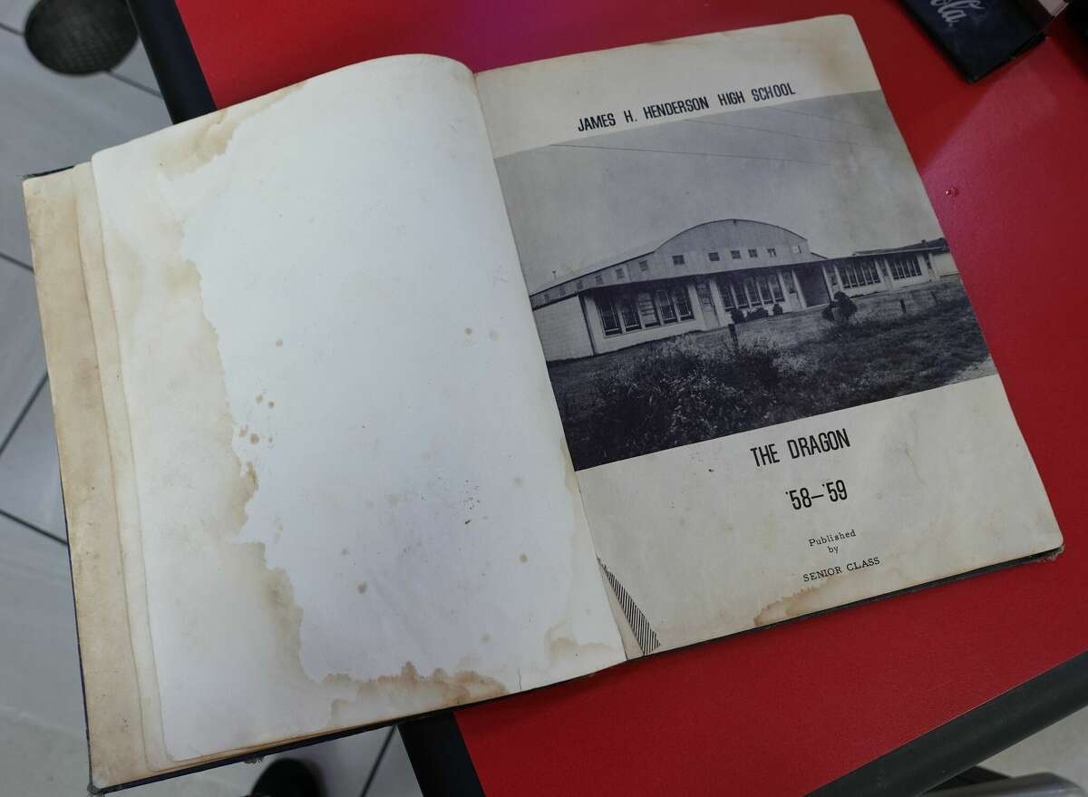 The first yearbook of what was then known as Henderson High School, prior to integration of the Hardin-Jefferson schools. The school was named for Principal James H. Henderson, the first Black principal at the school. The 1958-59 yearbook, "The Dragon," was created by the senior class. Photo taken May 11, 2023. Photo by Olivia Malick/ The Enterprise.