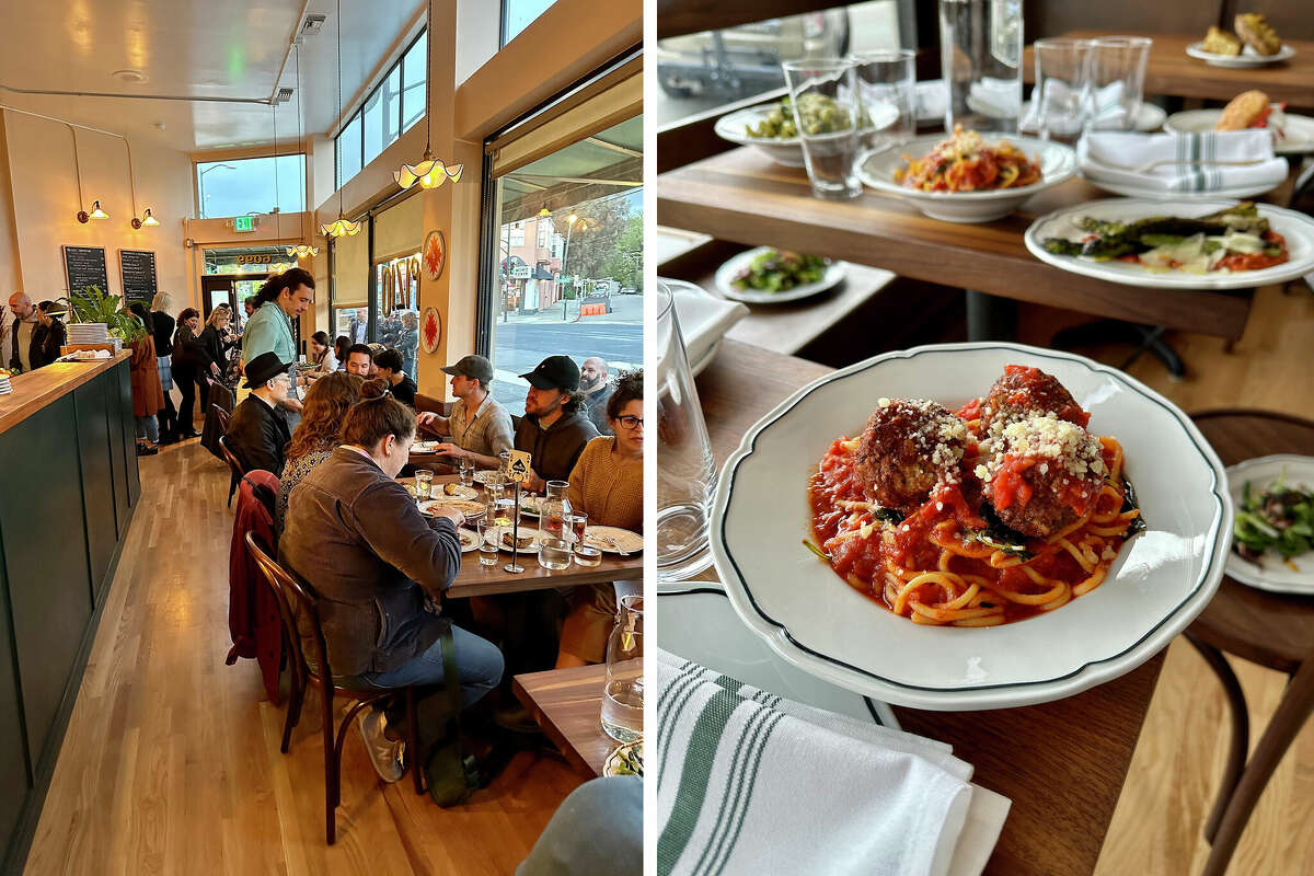 An interior view of Sfizio, left, which took over the former Noodle Theory digs in Rockridge. At right, a plate of spaghetti and meatballs.