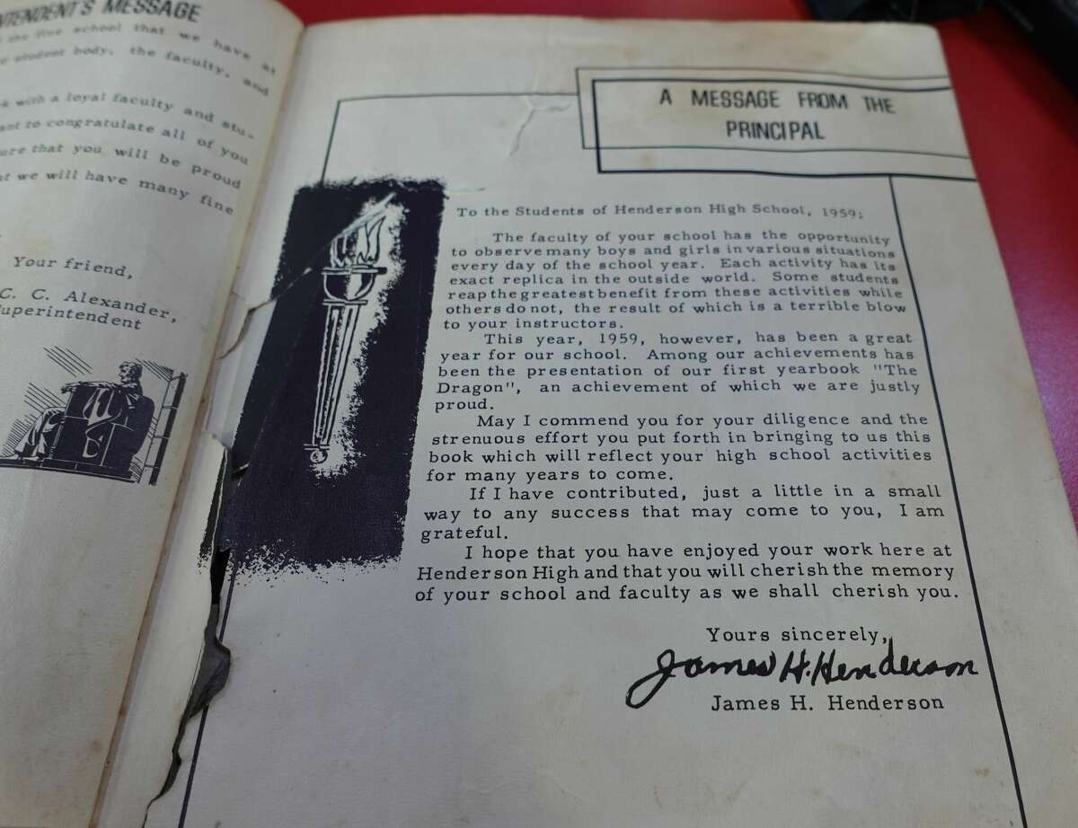 Principal James H. Henderson's message to the class of 1959 of Henderson High School. The school, called "China Colored School," before integration, was the school for Black students from China, Nome and Sour Lake. Photo taken May 11, 2023. Photo by Olivia Malick/ The Enterprise.