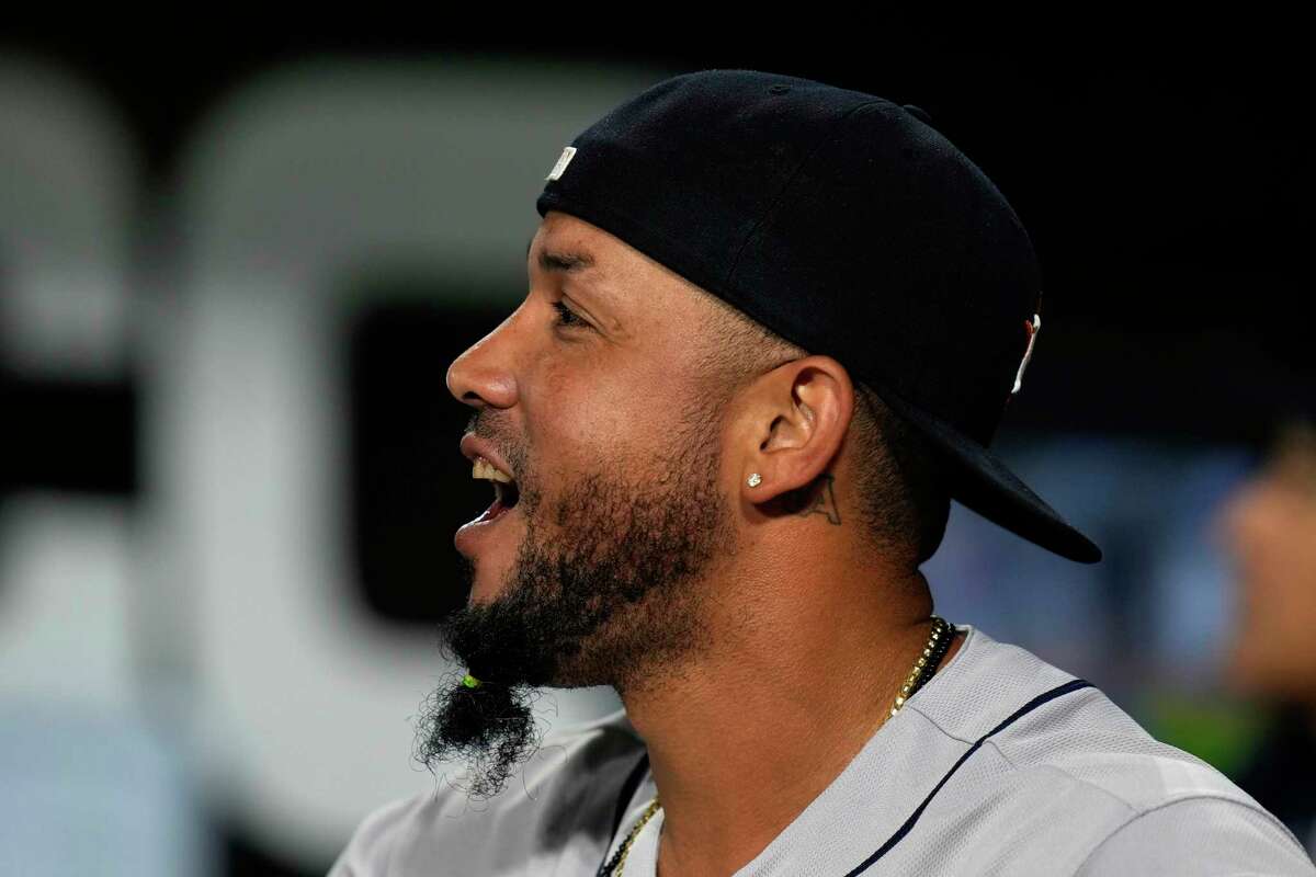 Houston Astros' Jose Abreu, formerly of the Chicago White Sox, watches a video tribute to himself before a baseball game against the White Sox, Friday, May 12, 2023, in Chicago.