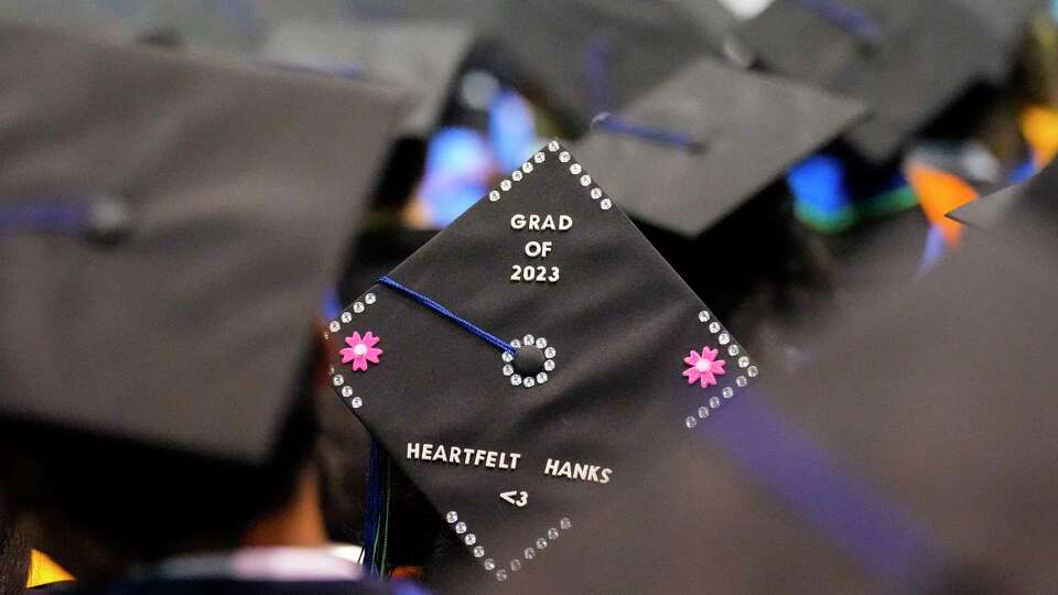 The decorated cap of a graduate during UH Clear Lake's College of Human Sciences and Humanities and College of Science and Engineering graduation ceremony at NRG Arena on Saturday, May 13, 2023 in Houston.