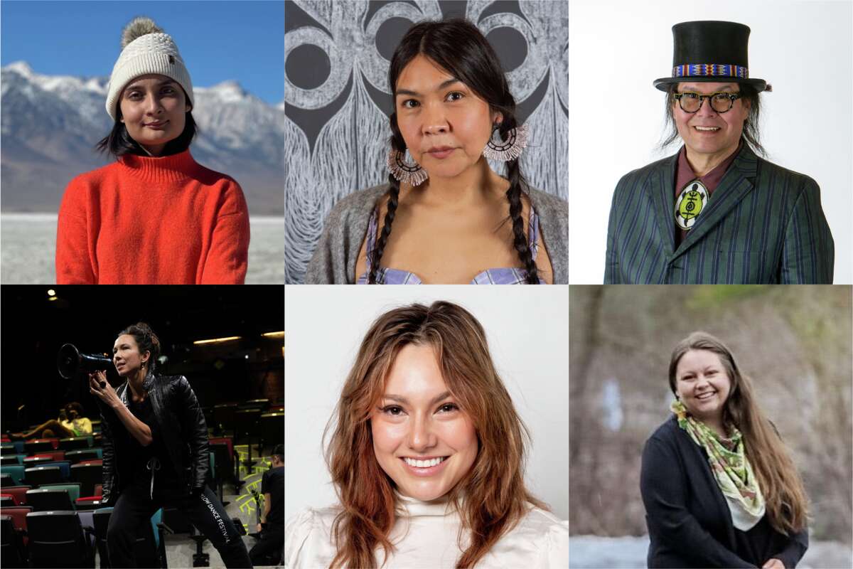 Fellowship winners (clockwise, from top left): Margeaux Abeyta (Taos Pueblo and Diné), Rachel Martin (Tlingít), Brent Michael Davids (Mohican/Munsee-Lenape), Lucy Grignon (Stockbridge-Munsee/Menominee), Dr. Suzanne Kite (known professionally as Kite) (Oglála Lakȟóta) and Emily Johnson (Yup’ik).