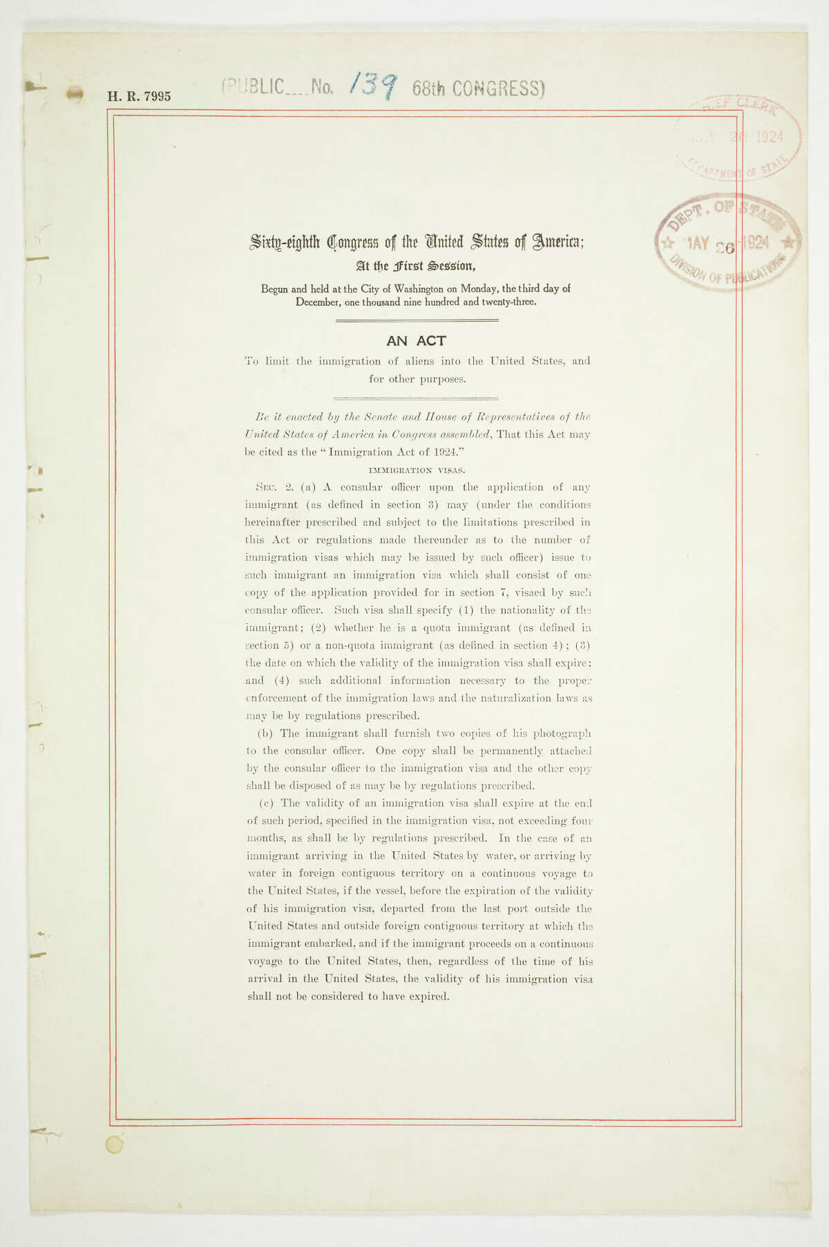 A copy of the Immigration Act of 1924, which limited almost all non-white immigration to the U.S.