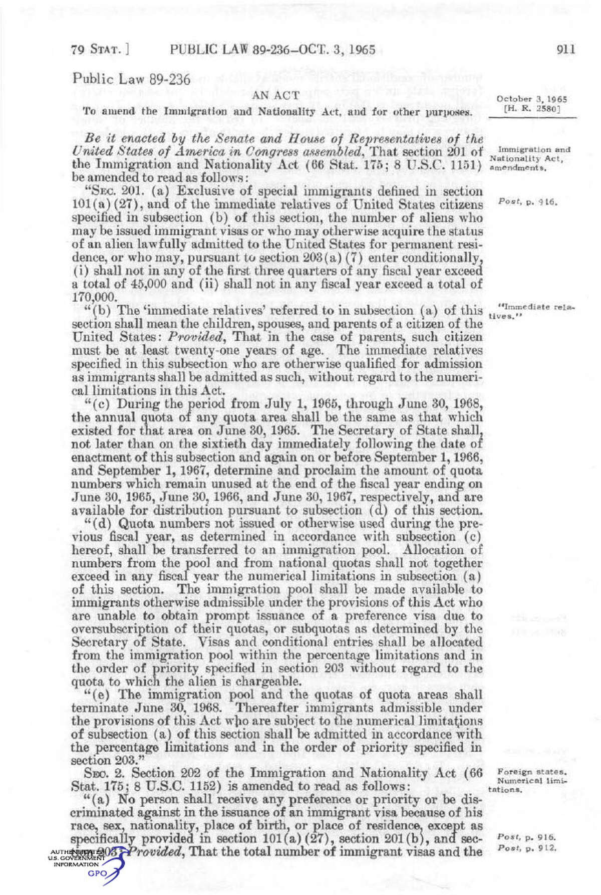 The first page of the Immigration and Nationality Act of 1965, eliminating nationality-based quotas for immigrants.