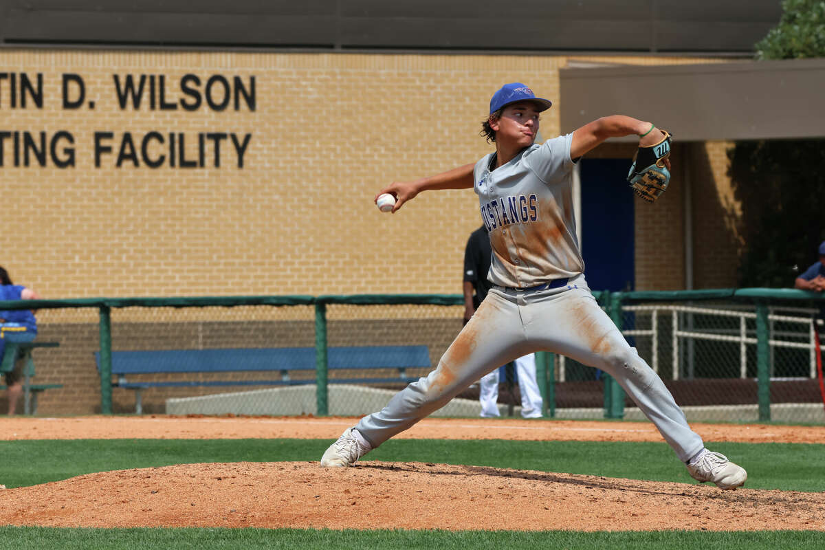 Midland Christian's AJ Velarde delivers a pitch to a Fort Worth Christian batter during the TAPPS Division II state semifinal, May 15 in Arlington. 