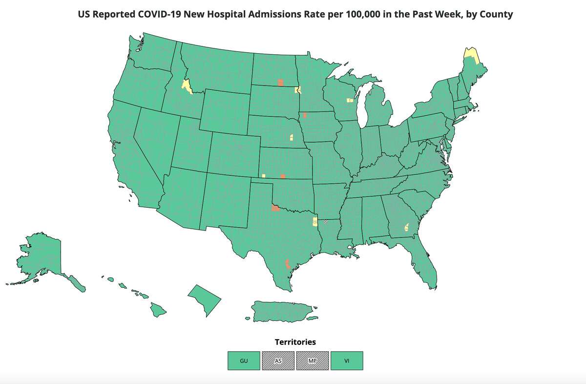 The CDC's new COVID-19 map shows the number of hospitalized COVID-19 patients by county, broken down into green, yellow, and orange tiers. Today, more than 99% of the US is in the green tier, indicating fewer than 10 hospitalizations per week per 100,000 population.