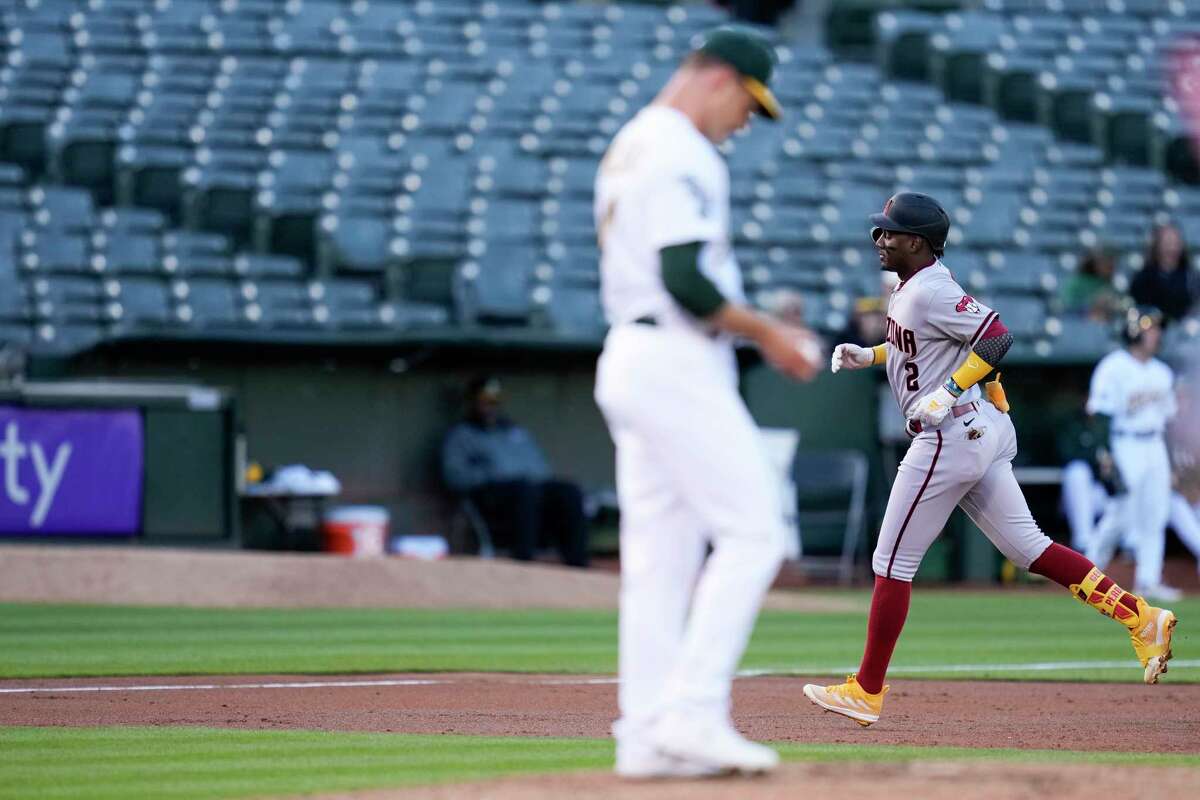 Jordan Diaz of the Oakland Athletics celebrates a home run against News  Photo - Getty Images