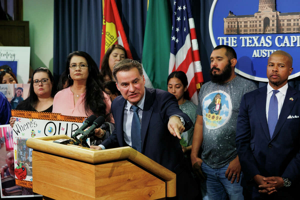 Sen. Roland Gutierrez addresses the media during a press conference where he introduced more gun safety legislation alongside families of who lost loved ones in the Uvalde and Santa Fe mass shootings at the Capitol in Austin, Texas, Tuesday afternoon, Feb. 14, 2023.