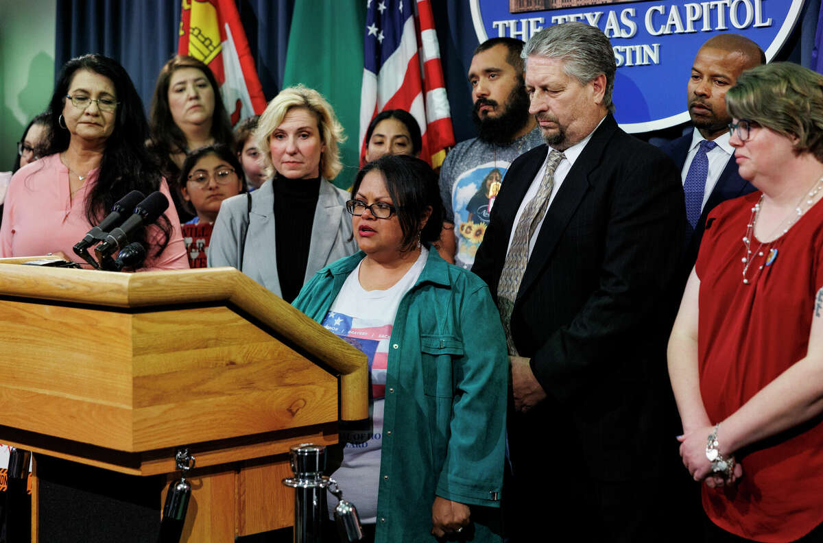Rosie Yanas Stone, the mother of Santa Fe shooting victim Chris Stone, addresses the media during a press conference about gun safety legislation at the Capitol in Austin, Texas, Tuesday, Feb. 14, 2023.