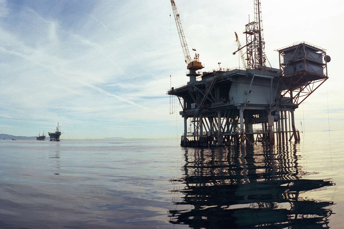 Twenty-seven giant oil platforms, including those seen here off the Santa Barbara coast, were built starting in the early 1950s for oil exploration. 