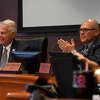 Mayor Roy West is welcomed to his seat by council members and the crowd after being sworn into office at Tuesday's meeting. Photo made Tuesday, May 16, 2023 Kim Brent/Beaumont Enterprise