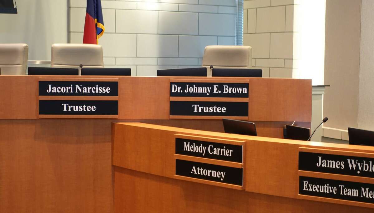 A plaque with former Port Arthur ISD superintendent Johnny Brown's name is officially added to the dais as he begins his next role as school board trustee. Photo taken May 16, 2023. Photo by Olivia Malick/ The Enterprise