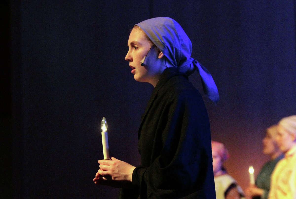 Maeve Carey as Yente performs during dress rehearsal of Fiddler on the Roof at Greenwich High School on Tuesday May 16, 2023 at the school in Greenwich, Connecticut.  The performances are on May 18, 19, and 20 at 7 p.m. at the GHS Performing Arts Center.