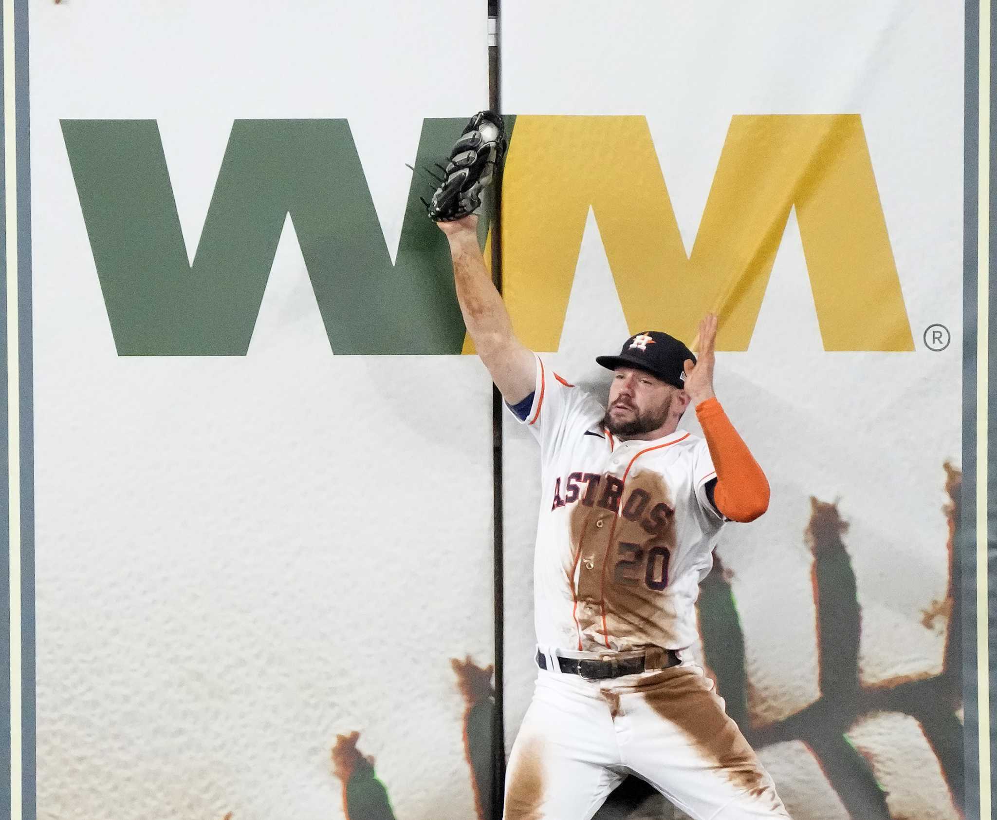 Houston Astros' Jake Meyers celebrates in the dugout after hitting a  two-run home run against the Chicago Cubs during the ninth inning of a  baseball game Wednesday, May 17, 2023, in Houston. (