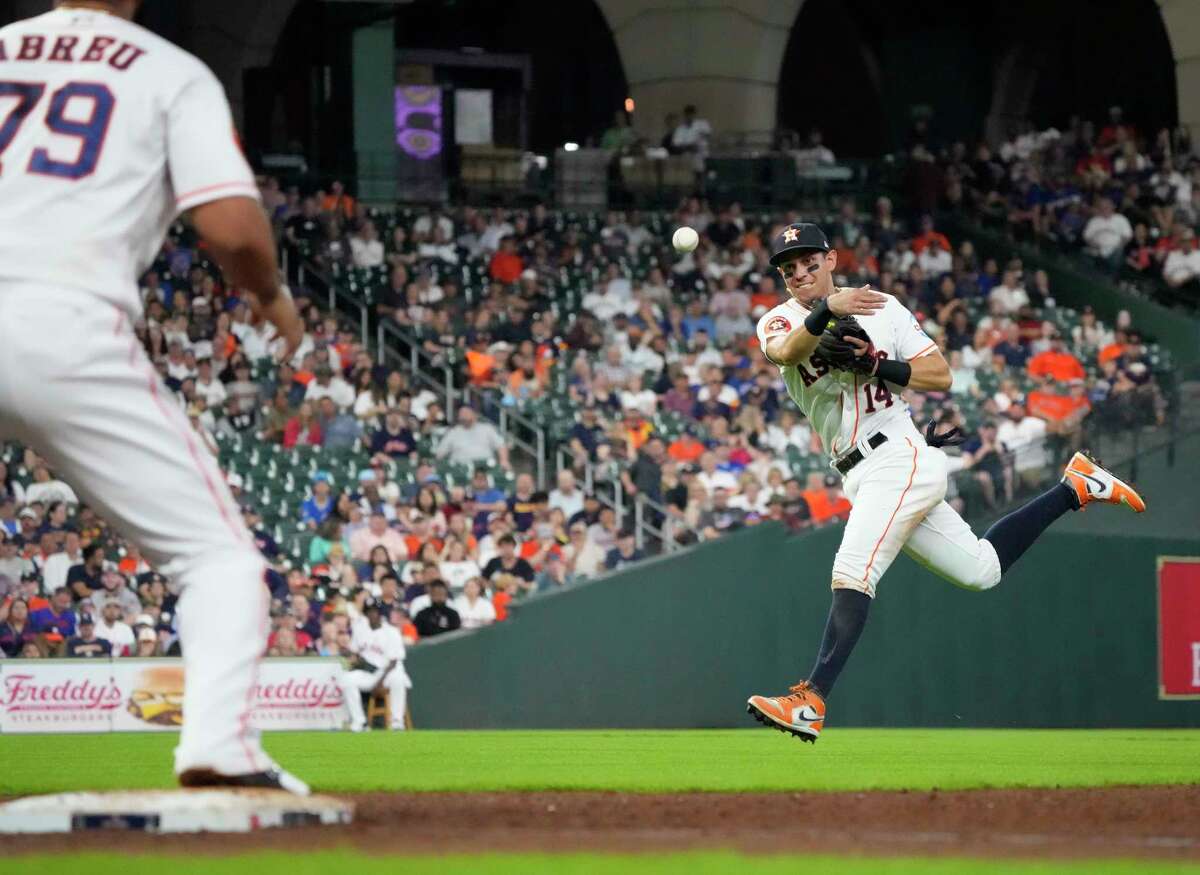 Mauricio Dubon of the Houston Astros stands on first base during