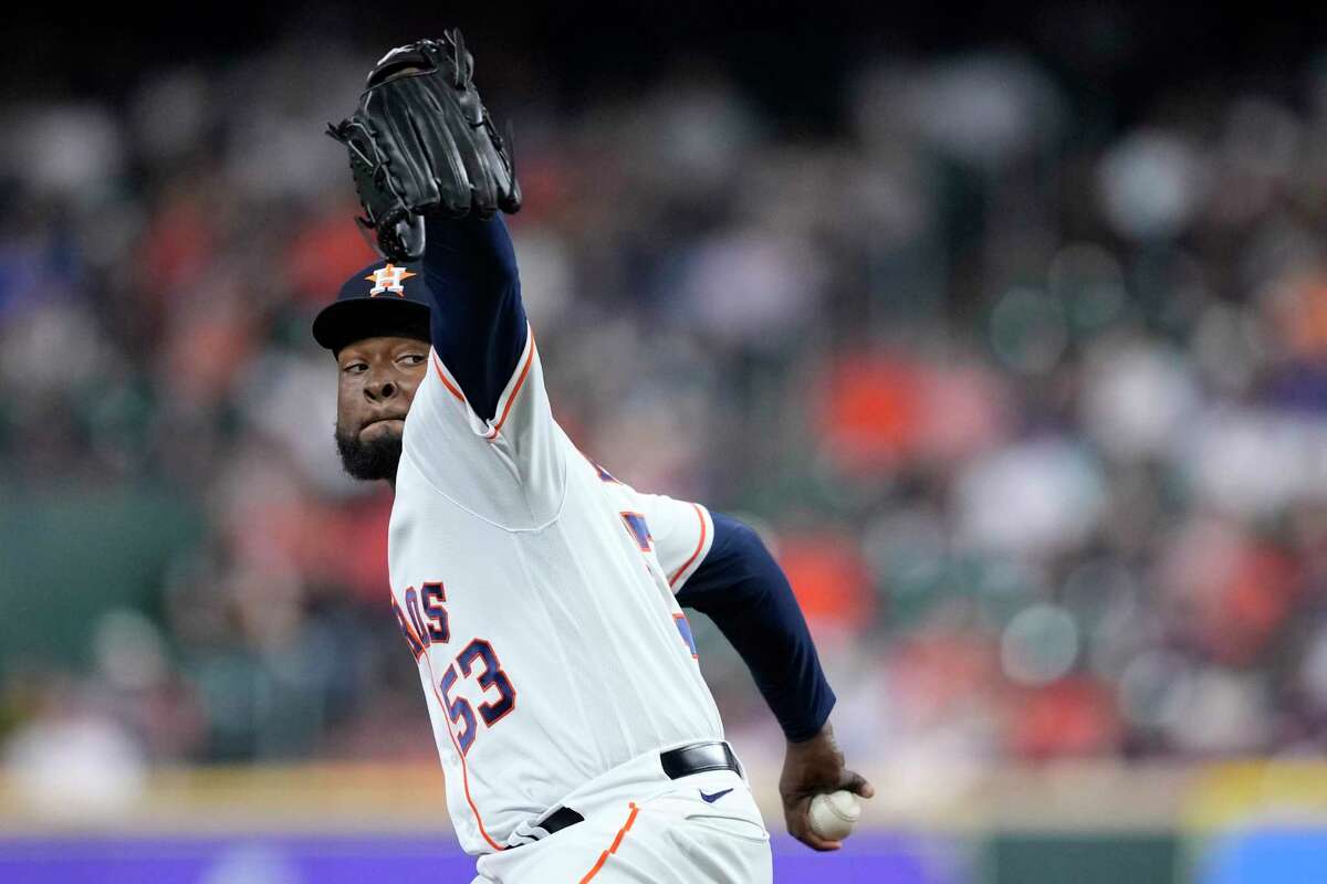 Houston Astros starting pitcher Cristian Javier throws against the Chicago Cubs during the first inning of a baseball game Tuesday, May 16, 2023, in Houston.