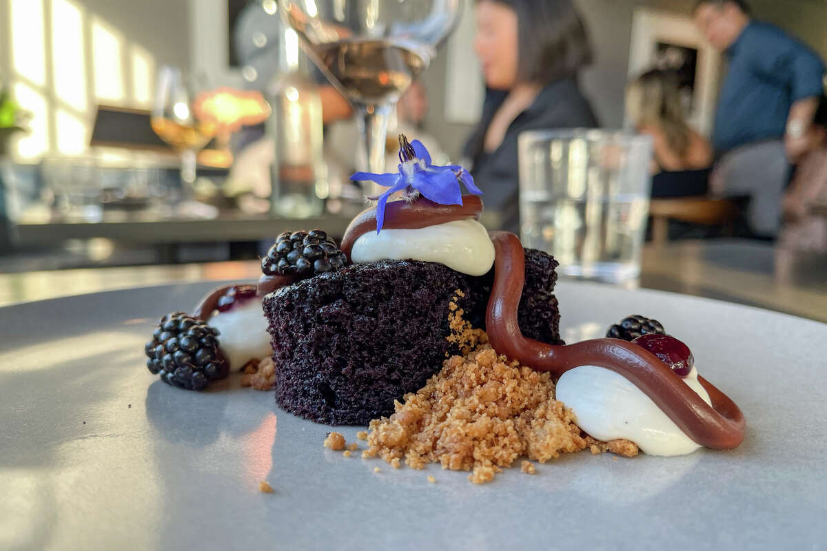 Chocolate Rye with Devil's Food Cake, rye biscuits and blackberries at Marlena in San Francisco, California on May 16, 2023.