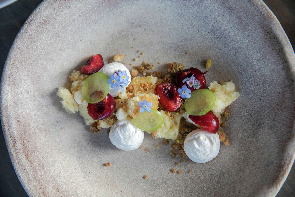 Easy Season Glenn Cherry with south cream lemon sponge, pistachio crumble, and fresh ume at Marlena in San Francisco, Calif. on May 16, 2023.