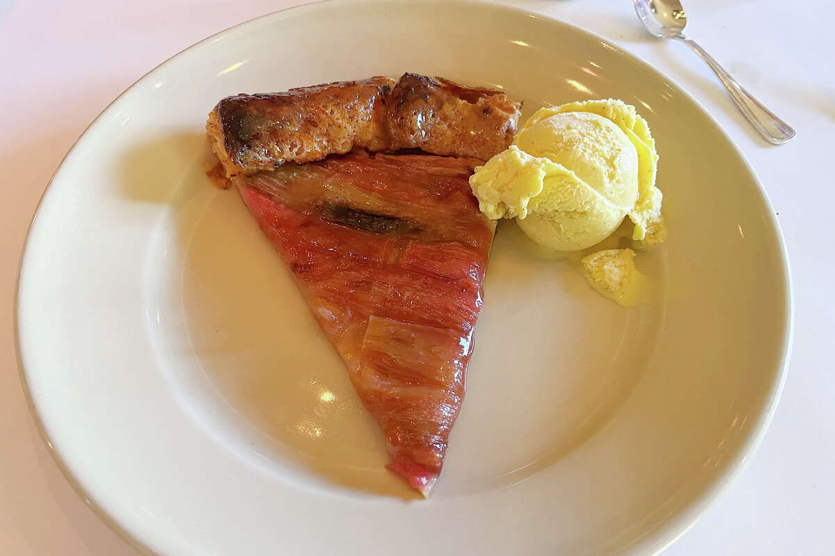 A rhubarb galette with vanilla ice cream at Chez Panisse Café, on Tuesday May 16, 2023. 