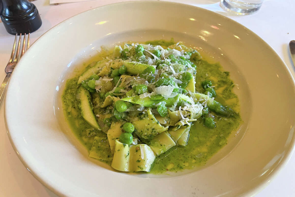 A dish of pappardelle with spring vegetables at Chez Panisse Café, on Tuesday May 16, 2023. 