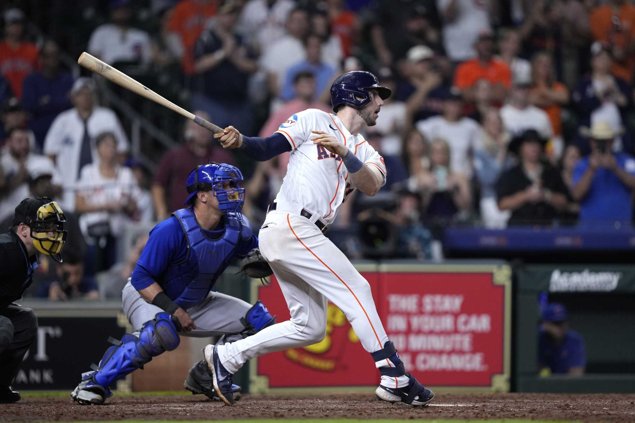 Houston Astros' Jake Meyers celebrates in the dugout after hitting a  two-run home run against the Chicago Cubs during the ninth inning of a  baseball game Wednesday, May 17, 2023, in Houston. (