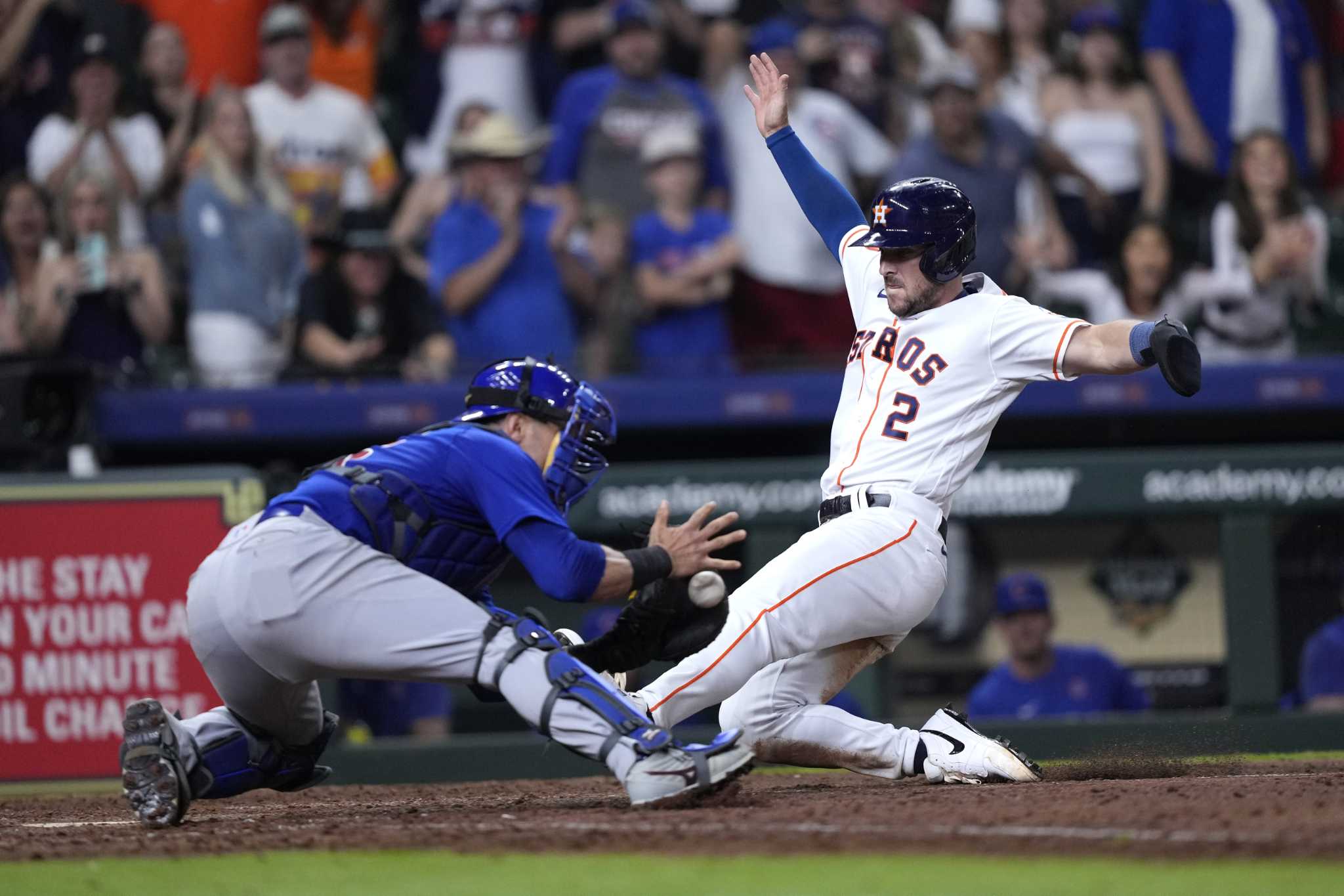 Houston Astros' Jake Meyers celebrates in the dugout after hitting a  two-run home run against the Chicago Cubs during the ninth inning of a  baseball game Wednesday, May 17, 2023, in Houston. (