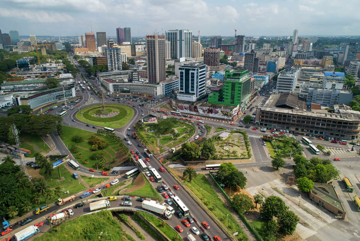 An aerial view of the business district of Le Plateau in Abidjan, along the southern Atlantic coast of Ivory Coast.