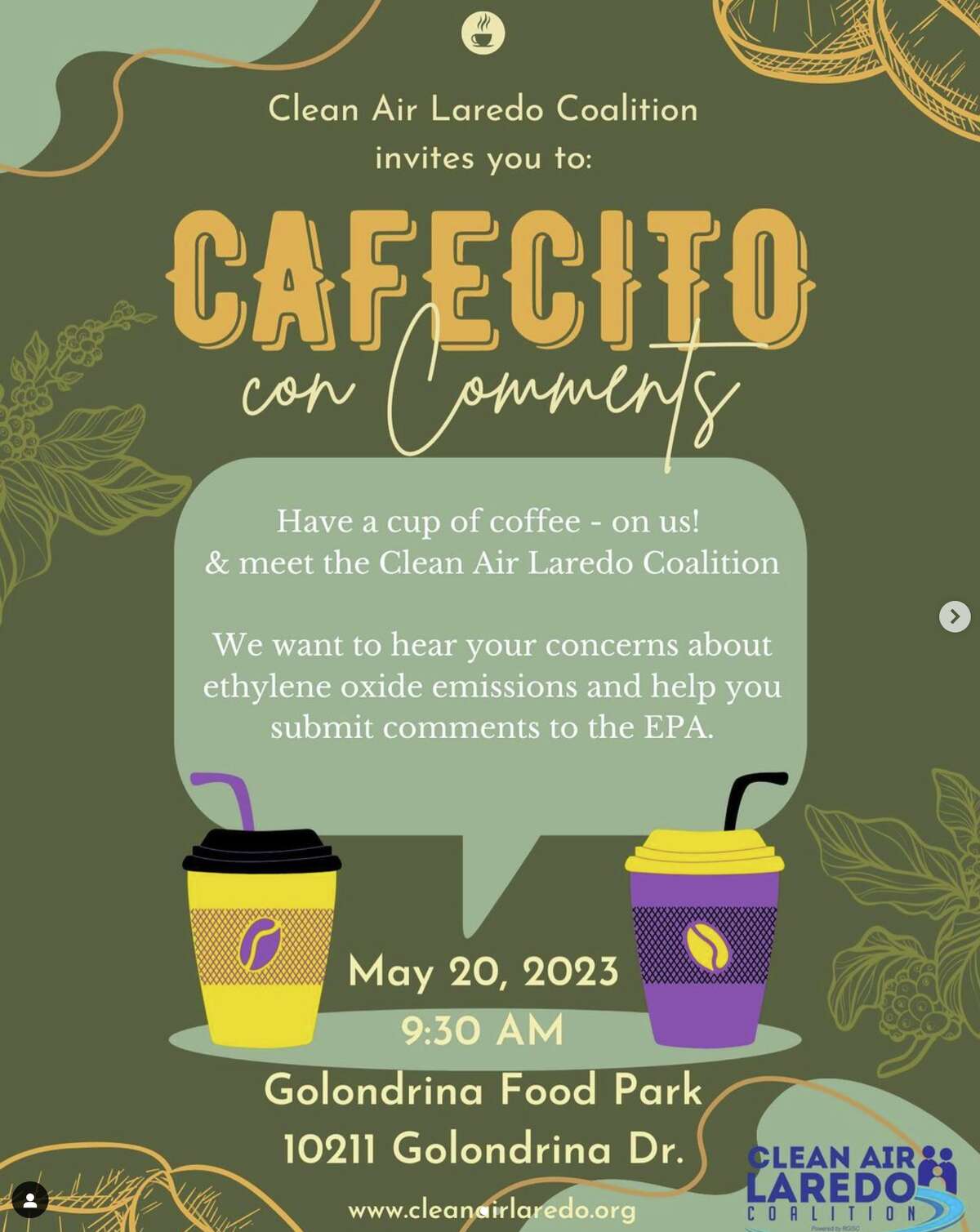The Clean Air Laredo Coalition is inviting the community to learn about their mission over some free cafecito, the organization announced this week. 